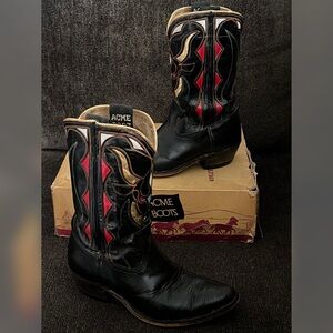 ACME Women’s Vintage Leather “Bull” Inlay Design Midcalf Western Boots Size-6